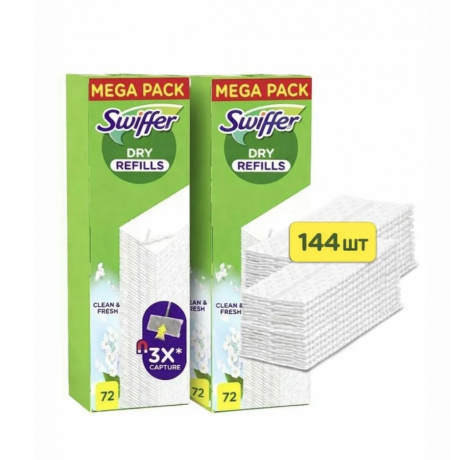 Swiffer dry refills aroma Clean and Fresh, 72st x 2packs, Сменные салфетки для швабры для сухой уборки полов с ароматом чистоты и свежести  72шт х 2 упаковки