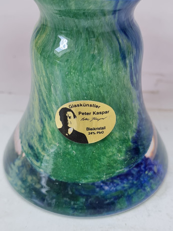 Подсвечник винтажный Glaskunstler Peter Kaspar, стеклянный в зелено-голубых тонах с синей круглой свечой, 8 x 8,5 см, Германия, 1960-70гг.