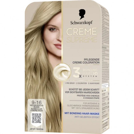 Schwarzkopf Creme Supreme Pflegende Coloration 9-16 Helles Kuehles Blond, 1 St., Schwarzkopf Creme Supreme стойкая крем-краска для волос 9-16 Светлый холодный блонд, 1 шт.