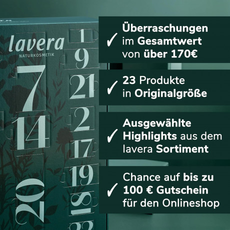 lavera Advent Calendar  2025 Адвент-календарь с натуральной косметикой, 24 сюрприза по уходу за кожей илицом и для макияжа, 50 см х 50 см