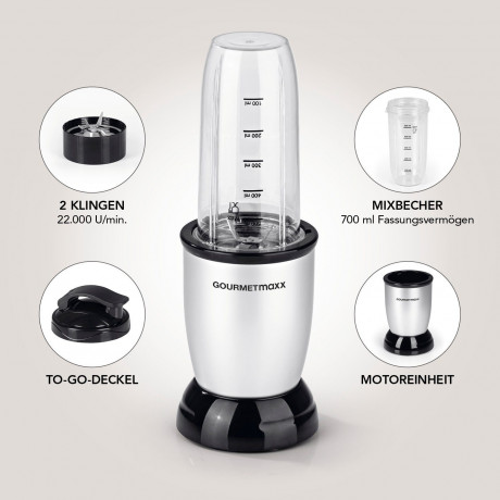 GOURMETmaxx GOURMETmaxx Smoothie-Maker Nutrition Mixer 4-tlg., 500,00 W, inkl. To Go Deckel, Mixbecher 700ml Миксер для питания GOURMETmaxx Smoothie-Maker, 4 предмета, 500,00 Вт, включая крышку To Go, чашку для смешивания 700 мл
