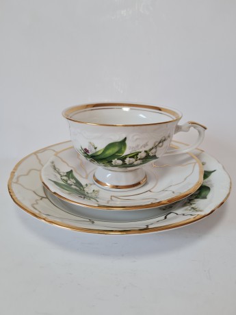 CHODZIEZ Винтажное Чайное трио "Ландыши" с фактурным узором и обильной позолотой, Польша, 1960-70гг.