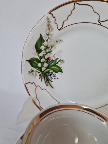 CHODZIEZ Винтажное Чайное трио "Ландыши" с фактурным узором и обильной позолотой, Польша, 1960-70гг.