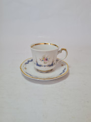 Чайная пара винтажная Mitterteich Bavaria, белый фарфор с ярко-синим цветочным декором и позолотой, 8,5 x 6 см /12 см, Германия, 1960-70гг.