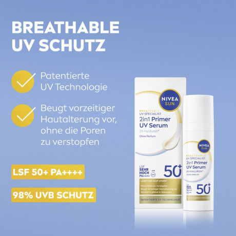 NIVEA SUN 2in1 Primer Daily UV Serum SPF 50+, 30 ml, Нивеа Солнцезащитная сыворотка праймер для лица, SPF 50+, разглаживание и защита, 30 мл
