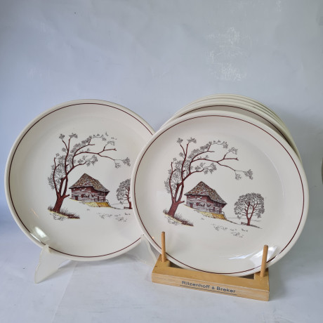 Набор тарелок винтажный ISG с изображением дома в лесу, фарфор, 6 шт., 25 x 2,5 см, Италия, 1960-70гг.