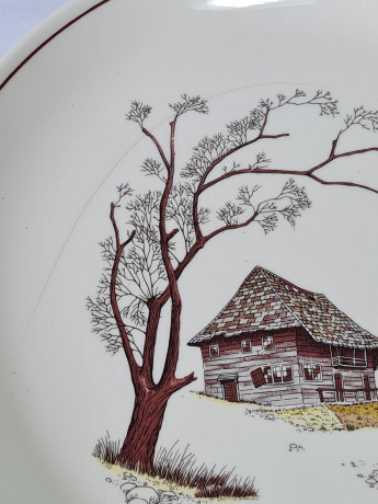 Набор тарелок винтажный ISG с изображением дома в лесу, фарфор, 6 шт., 25 x 2,5 см, Италия, 1960-70гг.