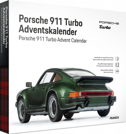 Franzis Porsche 911 Turbo Adventskalender 2026, Franzis Porsche 911 Turbo Модельный адвент-календарь 2026 с автомобилем 1:43 и книгой, от 14 лет