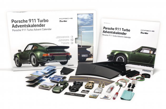 Franzis Porsche 911 Turbo Adventskalender 2026, Franzis Porsche 911 Turbo Модельный адвент-календарь 2026 с автомобилем 1:43 и книгой, от 14 лет
