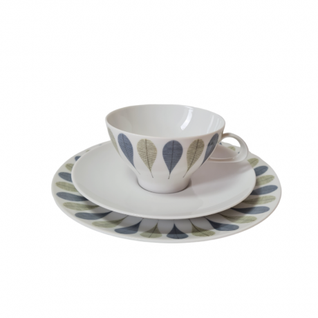 Thomas Винтажное чайное фарфоровое трио "Листья" в зелено-синих тонах, Германия, 1960-70гг.