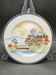 Набор винтажных тарелок, в сине-белых тонах, с традиционным японским сюжетом, 6 шт., фарфор, 15.5 см, Япония, 1970-80гг.