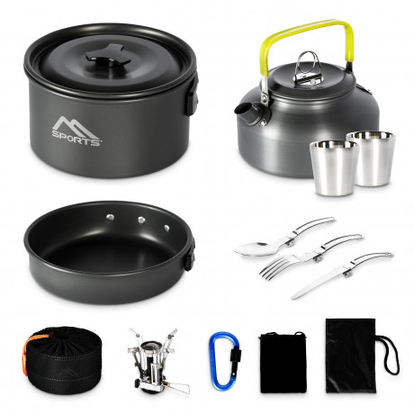 MSports MSports Gaskocher Camping Kochset 11-teilig Kochgeschirr Set Outdoor aus Aluminium Geschirr Set, Kochtopf Topf Pfanne Газовая плита MSports Набор для приготовления пищи в кемпинге Набор посуды из 11 предметов на открытом воздухе Набор посуды из
