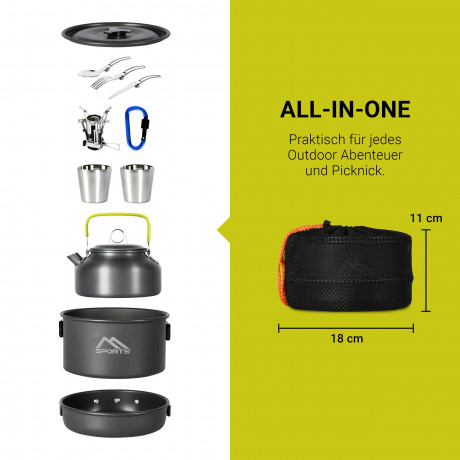 MSports MSports Gaskocher Camping Kochset 11-teilig Kochgeschirr Set Outdoor aus Aluminium Geschirr Set, Kochtopf Topf Pfanne Газовая плита MSports Набор для приготовления пищи в кемпинге Набор посуды из 11 предметов на открытом воздухе Набор посуды из
