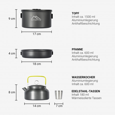 MSports MSports Gaskocher Camping Kochset 11-teilig Kochgeschirr Set Outdoor aus Aluminium Geschirr Set, Kochtopf Topf Pfanne Газовая плита MSports Набор для приготовления пищи в кемпинге Набор посуды из 11 предметов на открытом воздухе Набор посуды из