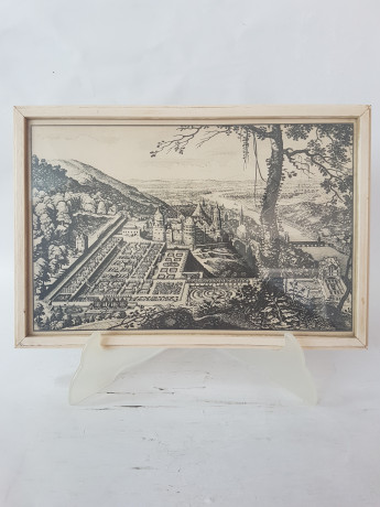 Картина винтажная "Вид на замок и город Гейдельберг", переплетная мастерская Альберт Вюрх Людвигсбург, 27,5 x 19 см, деревянная рама, Германия, 1950-60гг.