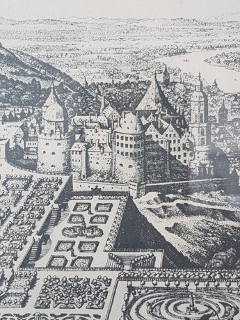 Картина винтажная "Вид на замок и город Гейдельберг", переплетная мастерская Альберт Вюрх Людвигсбург, 27,5 x 19 см, деревянная рама, Германия, 1950-60гг.