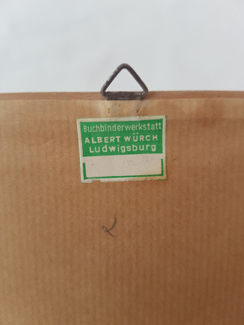 Картина винтажная "Вид на замок и город Гейдельберг", переплетная мастерская Альберт Вюрх Людвигсбург, 27,5 x 19 см, деревянная рама, Германия, 1950-60гг.