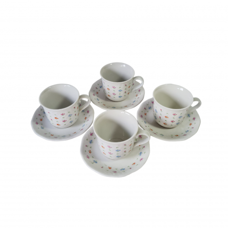 Набор чайный HP Hebei Porcelain на 4 персоны, белый фарфор с мелкими цветками, Китай, 1960-1970гг.