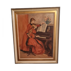 Картина винтажная K.Ferd.Heckel "Девушка и учительница игры на фортепиано", в деревянной раме, 67 x 55 см, Германия, 1960-1970гг.