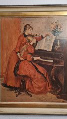 Картина винтажная K.Ferd.Heckel "Девушка и учительница игры на фортепиано", в деревянной раме, 67 x 55 см, Германия, 1960-1970гг.