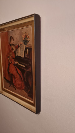 Картина винтажная K.Ferd.Heckel "Девушка и учительница игры на фортепиано", в деревянной раме, 67 x 55 см, Германия, 1960-1970гг.