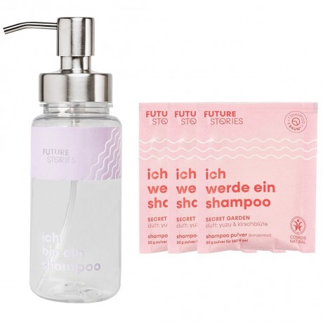 FUTURE STORIES Vorteilskit 3er Set Shampoo Pulver Yuzu & Kirschblute inkl. Pumpspender  Набор Advantage Kit из 3 шампуней с порошком юдзу и вишни, включая дозатор с помпой