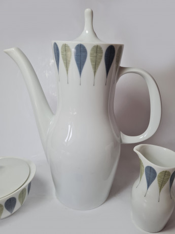 Thomas Чайный фарфоровый набор "Листья" в зелено-синих тонах: чайник, молочник, сахарница, Германия, 1960-70гг.