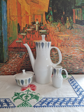 Thomas Чайный фарфоровый набор "Листья" в зелено-синих тонах: чайник, молочник, сахарница, Германия, 1960-70гг.