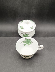 Набор для чая винтажный Heinrich с зеленым декором, чашка и сахарница, фарфор, чашка, сахарница, Германия, 1960-70гг.
