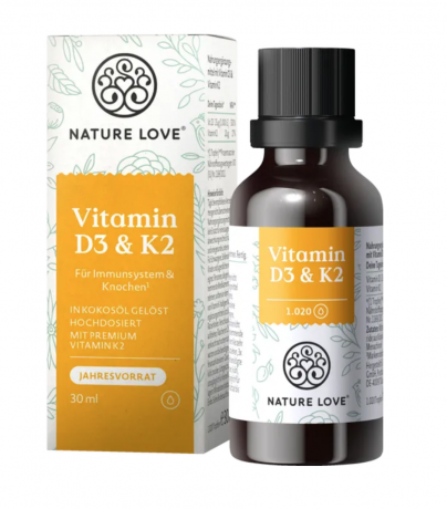 Nature Love Vitamin D3 & K2 Tropfen 30ml, Витамин D32 5 мкг + Витамин K2 20 мкг на суточную дозу (1 капля), 30 мл