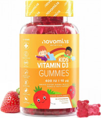 Novomins Vitamin D Kinder 400 IU, 90st, Витамин D3 для детей с 3 лет (Великобритания), 90шт, жевательные витамины с натуральной клубникой, 400МЕ D3, без желатина