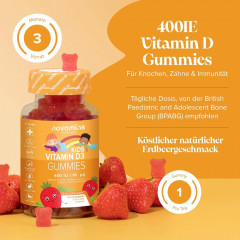 Novomins Vitamin D Kinder 400 IU, 90st, Витамин D3 для детей с 3 лет (Великобритания), 90шт, жевательные витамины с натуральной клубникой, 400МЕ D3, без желатина
