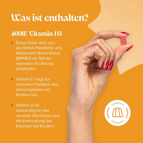 Novomins Vitamin D Kinder 400 IU, 90st, Витамин D3 для детей с 3 лет (Великобритания), 90шт, жевательные витамины с натуральной клубникой, 400МЕ D3, без желатина