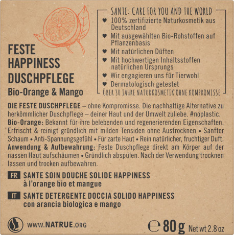SANTE Feste Happiness Duschpflege Bio-Orange & Mango, 80 g, Санте Твёрдое средство для душа Happiness с био-апельсином и манго, 80 г