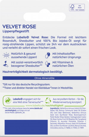 Labello Velvet Rose, Бальзам для губ с маслом ши для питания и смягчения, розовый оттенок и аромат розы, 4,8 г
