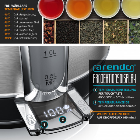 Arendo Arendo Wasserkocher, 1,7 l, 2200 W, Edelstahl Retro Style Vintage, LED Temperaturanzeige, silber Чайник Arendo, 1,7 л, 2200 Вт, нержавеющая сталь, винтажный стиль ретро, ??светодиодный индикатор температуры, серебристый