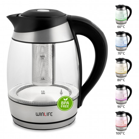 Sparsando Sparsando Wasserkocher Glaswasserkocher Edelstahl mit LED-Temperaturanzeigebeleuchtung, 1.8 l, 2200,00 W, 23Lx16Bx25Hcm mit Temperatureinstellung 60-100°C Чайник Sparsando стеклянный чайник из нержавеющей стали со светодиодной подсветкой темпер