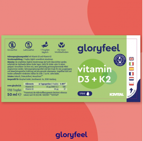 Gloryfeel D3 + K2 50ml, Витамин Д3 К2 для иммунитета и костей, жидкий, 1000ME, 50 мл