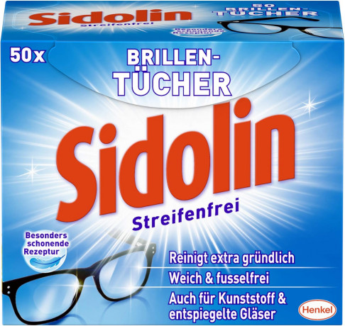 Sidolin Brillenputztucher 50 Stk x 2 packs, Sidolin салфетки для очков и экранов влажные, без разводов, мягкая очистка линз, дисплеев и стекла, 50шт x 2 упаковки