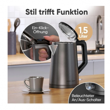 Profi Cook Wasserkocher Электрический чайник 501293 нержавеющая сталь, мощностью 2200 Вт, с автоотключением, тёмно-серый