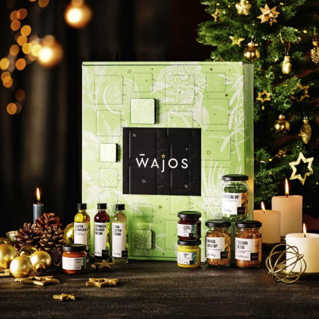 Wajos Feinkost & Gewuerze Adventskalender 2026, Wajos гастрономический адвент-календарь 2026 с маслами, уксусами, соусами, специями и дипами, 24 продукта
