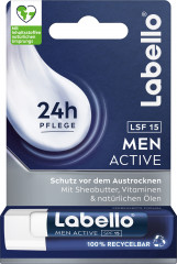 Labello Men Active LSF 15, Мужской бесцветный бальзам для губ с маслом ши для питания и защиты от сухости, SPF 15, 4,8 г