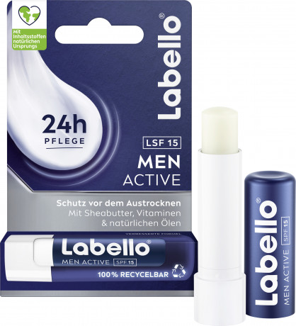 Labello Men Active LSF 15, Мужской бесцветный бальзам для губ с маслом ши для питания и защиты от сухости, SPF 15, 4,8 г