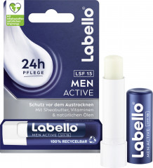 Labello Men Active LSF 15, Мужской бесцветный бальзам для губ с маслом ши для питания и защиты от сухости, SPF 15, 4,8 г