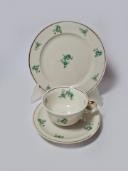 Zeh Scherzer Bavaria Винтажное чайное трио &quot;Зеленые цветы&quot; с позолоченным ободком, Германия, 1960-70гг.