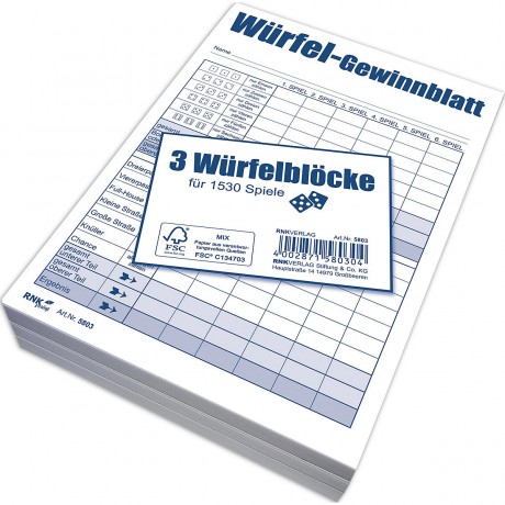 RNK Verlag Block Wurfelspiel-Gewinnblatt Блок Craps Выигрышная рука