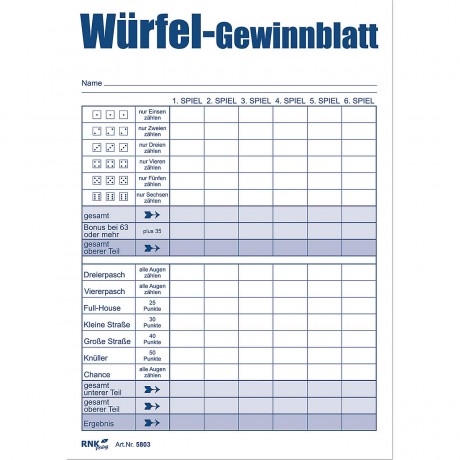 RNK Verlag Block Wurfelspiel-Gewinnblatt Блок Craps Выигрышная рука