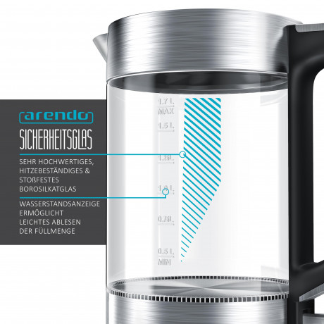 Arendo Arendo Wasserkocher, 1,7 l, 2200 W, Edelstahl Glas, Cool-Touch-Griff, Uberhitzungs- Trockengehschutz Чайник Arendo, 1,7 л, 2200 Вт, стекло из нержавеющей стали, ручка Cool Touch, защита от перегрева и выкипания.