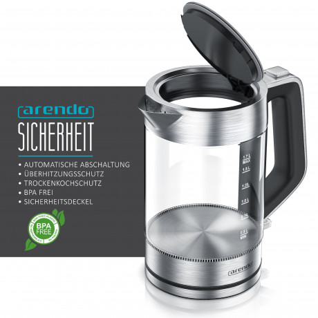 Arendo Arendo Wasserkocher, 1,7 l, 2200 W, Edelstahl Glas, Cool-Touch-Griff, Uberhitzungs- Trockengehschutz Чайник Arendo, 1,7 л, 2200 Вт, стекло из нержавеющей стали, ручка Cool Touch, защита от перегрева и выкипания.