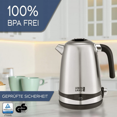 Lebenlang Lebenlang Wasserkocher Edelstahl mit Digitalanzeige, Temperatur frei wahlbar Digital, Automatik, 1.7 l, 2200,00 W, Touch + Stufenlose Temperatureinstellung fur TEE Babynahrung uvw. Чайник на всю жизнь из нержавеющей стали с цифровым дисплеем, с